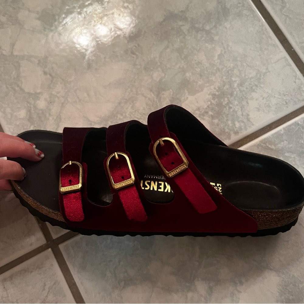 Birkenstock sandals-BRAND NEW- Beautiful burgundy velvet with shiny gold buckles